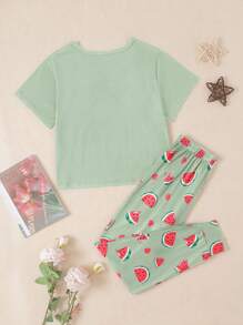 適合Tween Girl簡約款西瓜印花寬鬆短袖T恤和長褲，2件套靜居家穿著 - 綠色 - 查看 2