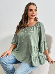 SHEIN Essnce Ropa de verano de talla grande: camisa verde, linda camisa de verano, ropa de otoño, ropa para niñas preadolescentes, ropa para maestras, camisetas divertidas, top de lino, lindos tops de verano, top de manga larga para mujeres, blusas para mujeres, lindos tops para ropa escolar, ropa de otoño boho - Verde militar - Ver 5