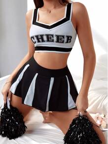 Women's Fashion Color Block Printed Cheerleading Costume (Cheerleader Uniform) - Black and White - View 1