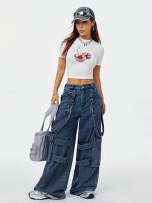SHEIN EZwear Street Cool All-Match Women's Slim Fit T-Shirt With Pixelated Fruit Cherry Print, Spring And Summer