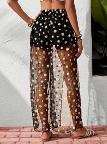 SHEIN Essnce 女士夏季黑色雛菊花印花時尚優雅高開叉寬腿褲 - 黑色 - 查看 4