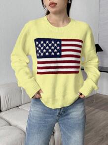 Flirla Women's Spring Autumn Casual Long Sleeve American Flag Pattern Sweater, Knit Pullover Fall Winter - Yellow - View 3