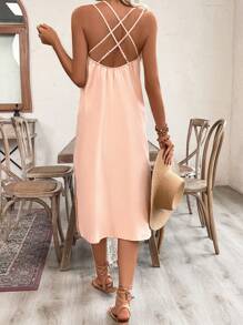 SHEIN LUNE Sequin Patchwork Double Shoulder Strap Casual Summer Dress - Black - View 2