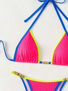 Slaydiva Damen Sommer Strand Bikini in Kontrastfarben mit Neon Detaillierungen, Halterneck und zum Binden, sexy Badeanzug Set - Heißes Pink - Übersicht 5