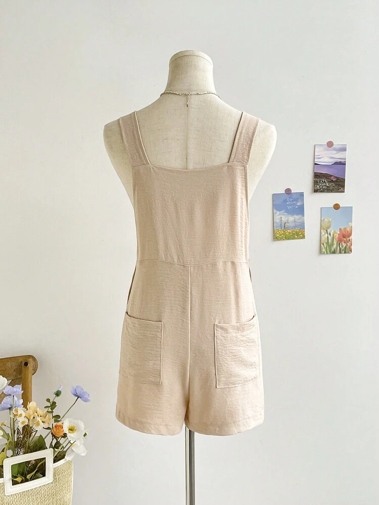 Women Casual Holiday Solid Color Dungarees Jumpsuit With Double Pockets