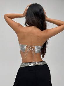 EgrlEra 女式Y2K金屬閃粉露肩上衣，適用於夜店 - 銀色 - 查看 2