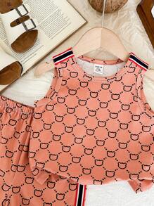 SHEIN Unisex Baby Cute Bear Printed Tank Top And Shorts Set, Summer - Brown - View 5
