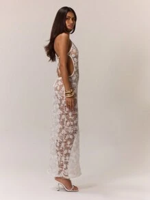 MUSERA Summer Sheer Floral Pattern Halter Neck Backless Maxi Dress Elegant Spring Vacation Party Long Dress Bridal Hen Do Bachelorette Wedding - White - View 3