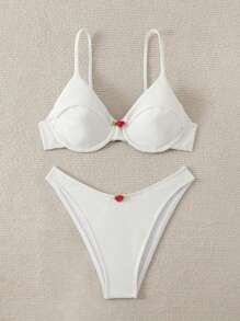 Swim Mod Conjunto de bikini sexy de unicolor con calado para vacaciones de mujer, con tela de rayas finas y detalle floral pequeño, para la playa de verano - Blanco - Ver 2
