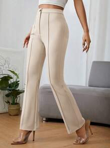 SHEIN PETITE Hög Midja Byxor med Utsvängda Ben - Beige - Visa 4