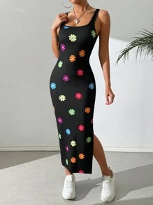 SHEIN EZwear 女士雛菊印花針織無袖連身緊身裙，夏季 - 黑色 - 查看 2