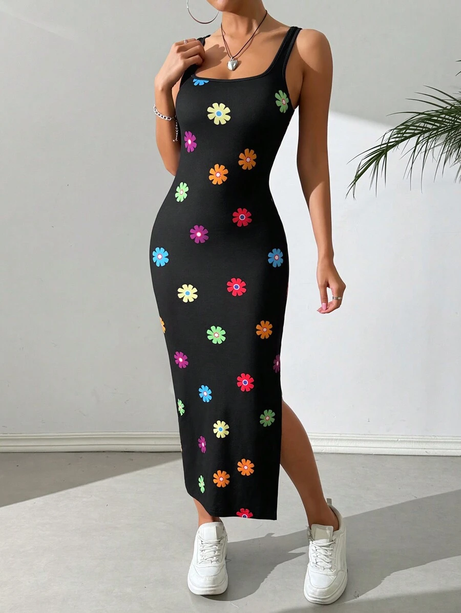 SHEIN EZwear 女士雛菊印花針織無袖連身緊身裙，夏季
