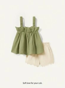 Cozy Pixies Baby Girl Solid Color Spaghetti Strap Top & Elastic Waist Casual Shorts 2pcs Set - Cadet Blue - View 3