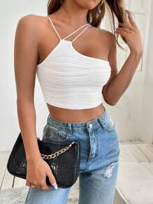 SHEIN PETITE Asymmetrical Neck Ruched Crop Summer Top - White - View 5