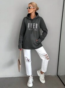 RueChic Cotton Text Graphic Drawstring Hooded Sweatshirt
