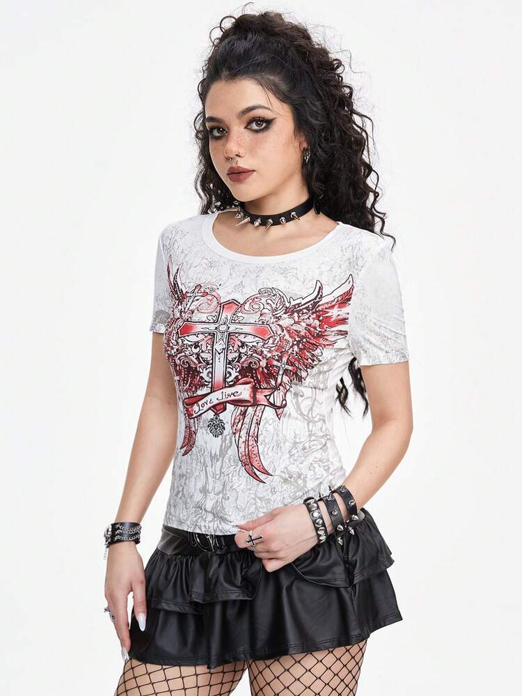 Dark Rock And Roll Punk Wing & Cross Print Slim Fit All-Match Women's T-Shirt