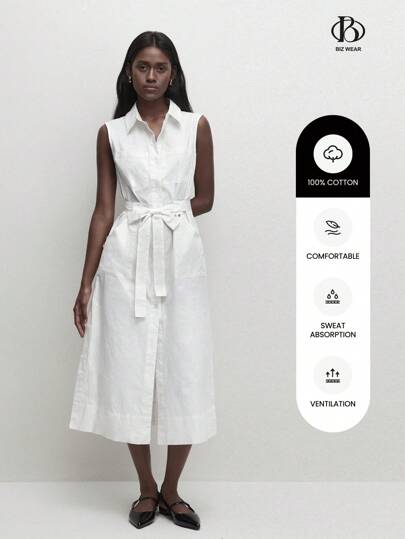 BizChic 女式白色腰部收腰前扣衬衫裙，都市通勤商务休闲优雅派对礼服，适合万圣节、圣诞节、派对