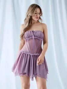 SHEIN ICON 女款露肩束腰上衣網紗連衣裙，不對稱下擺設計