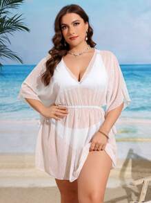 SHEIN Swim Curve 女款大尺碼假日V領蝙蝠袖網眼透視外罩連衣裙 - 白色 - 查看 5