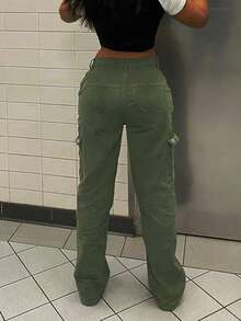 Women's Casual Cargo Pants With Pockets - Army Green - View 3