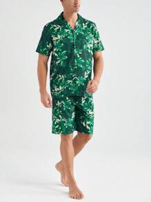 男士全印花短袖衫和短褲家居服套裝 - 綠色 - 查看 5