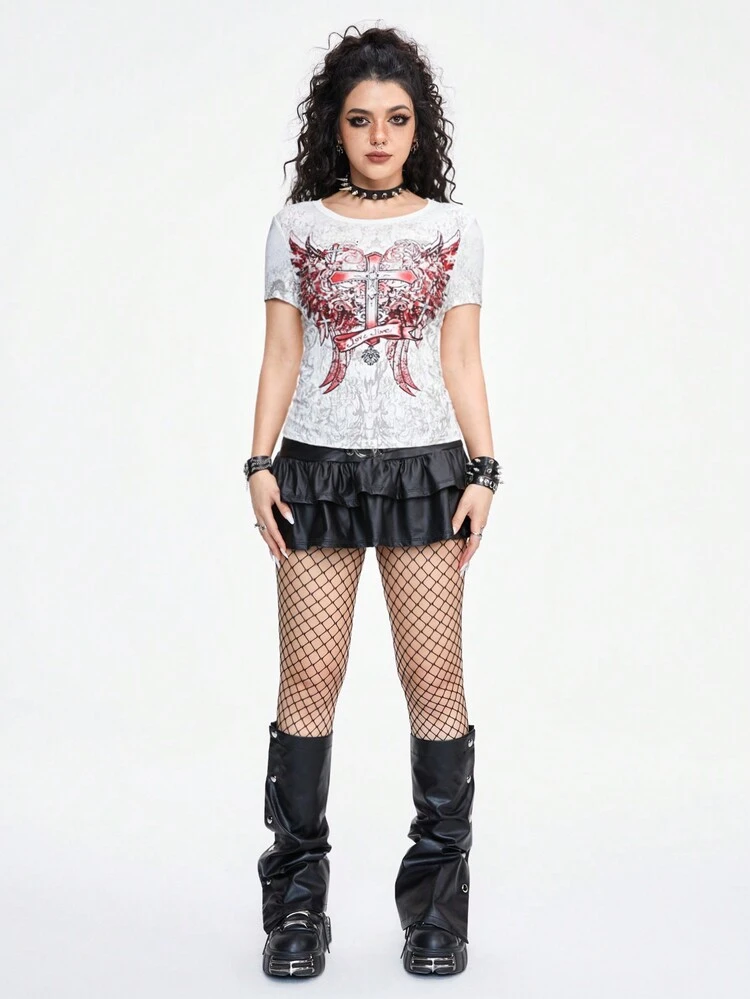 Dark Rock And Roll Punk Wing & Cross Print Slim Fit All-Match Women's T-Shirt