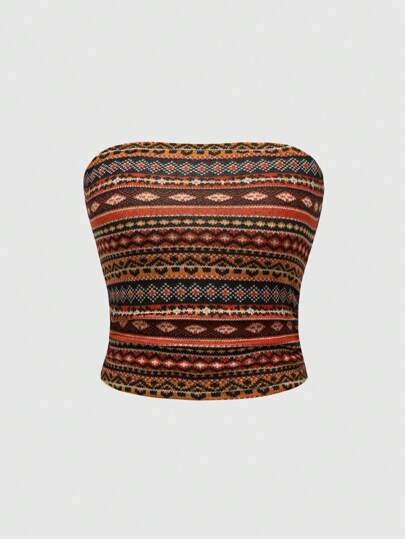 Hippie Boho Vintage Muster eng anliegendes gerüschtes Damen Trägertop ohne Träger, Urlaubsstil
