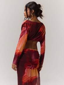 MUSERA 女士抽象印花长袖露脐上衣，夏季伊比沙岛度假款 - 玫瑰紅 - 查看 2