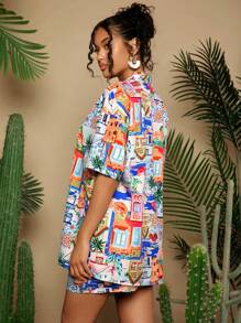 Travachic Women's Drop Shoulder Blouse And Shorts Casual Vacation Printed Set, Summer - Multicolor - View 2