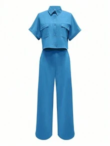 2pcs Summer Casual Solid Color Utility Crop Shirt And Pants Set - Blue - View 3