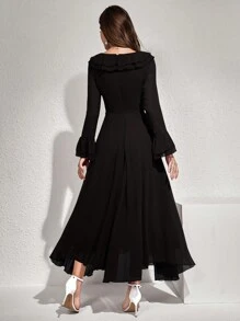 Modelyn 女士纯色长袖荷叶边下摆优雅夏季长裙女式长款晚礼服 - 黑色 - 查看 2