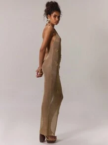 MUSERA 亮片贴花长款连衣裙，夏季露背透视性感连衣裙，优雅春夏度假长裙 - 金色 - 查看 3