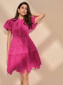 Anewsta Váy ngắn tay mùa hè có khuy màu trơn dành cho nữ - Màu Hồng Tươi - Xem 4