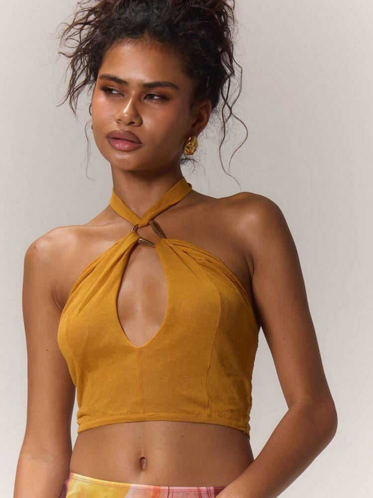 MUSERA Gold Trim Keyhole Knitted Top Summer Halter Crop Top