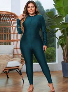 Swim Mulvari Plus Size Solid Color Stand Collar Batwing Sleeve One-Piece Swimsuit For Summer - Dark Green - View 4