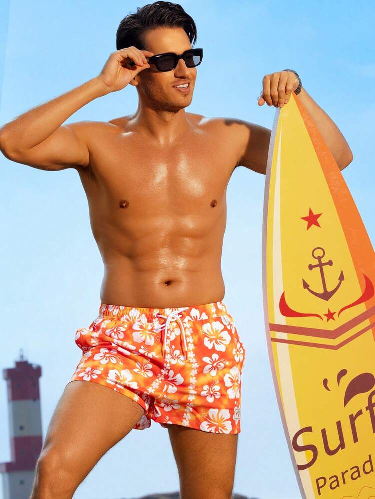 Men's Floral Print Drawstring Wide-Leg Beach Shorts For Vacation