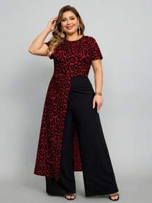 SHEIN Lady Mono de manga corta con estampado de leopardo de moda para mujeres de talla grande - Burdeos - Ver 5
