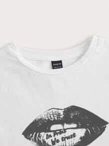 SHEIN EZwear 休闲简约灰色唇印白色圆领短袖修身露脐女式T恤，棉混纺面料，适合夏季穿着 - 白色 - 查看 5