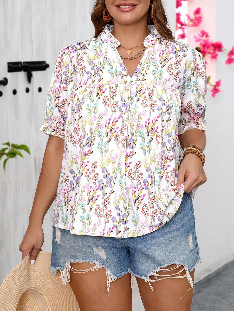 SHEIN VCAY 大尺碼度假白底浪漫花卉印花深V領女士夏季襯衫 - 彩色 - 查看 1