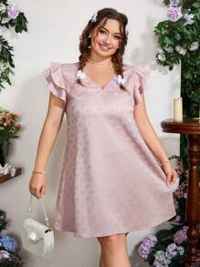 Flirla Đầm tay xếp nếp in họa tiết Plus Size dành cho nữ - Hồng - Xem 1