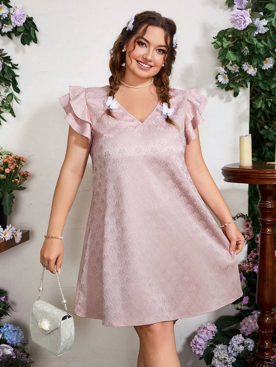 Flirla Đầm tay xếp nếp in họa tiết Plus Size dành cho nữ - Hồng - Xem 1