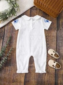 Baby Girl Casual Flower Printed Short Sleeve Jumpsuit, Summer - Blue and White - View 2