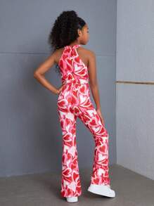 SHEIN SLAYR KIDS Tween Girl Casual Red Heart Printed Tank Top & Flared Long Two-Piece Set - Red - View 2