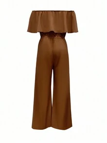 Women's Summer Casual Solid Color Ruffle Off-Shoulder Wide Leg Jumpsuit, Elegant Boho - Brown - View 2