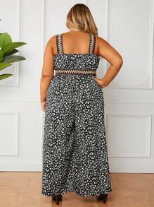 SHEIN CURVE+ Plus Size Leopard Print Splice Woven Tape Beach Jumpsuit With V Neckline And Cinched Waist - Black - View 3
