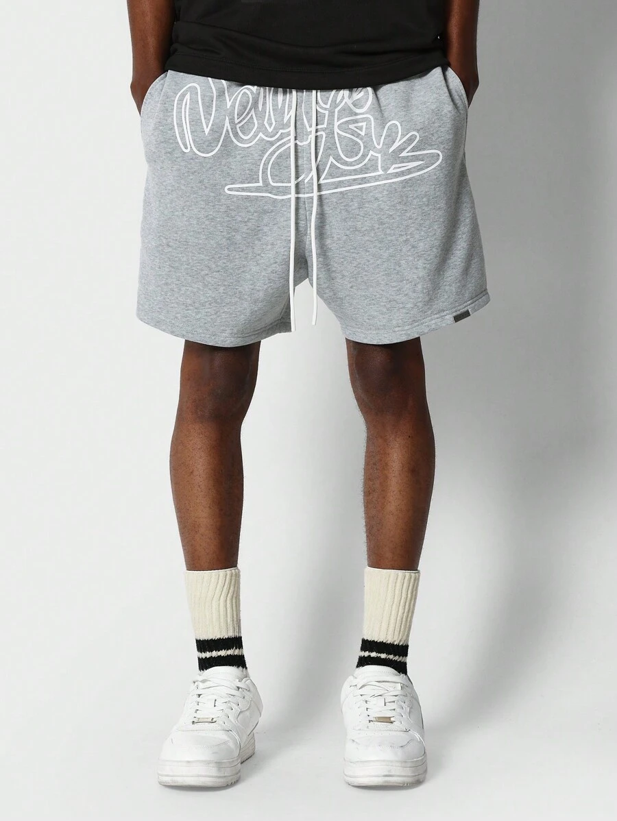 SUMWON Drop Crotch Short With Graffiti Print Graphic - Light Grey - View 1