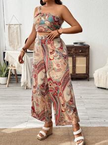 Breezaya Plus Size Vacation And Leisure Paisley Print One-Shoulder Crop Top With Wide Leg Pants Two Pieces Set