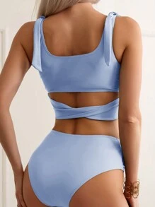 SHEIN Swim Women Tankinis Simpul Plain Casual - Biru - View 2