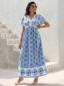 Seusyu Women's Holiday Printed Patchwork High Waist Dress