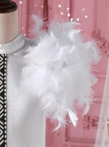 Tween Girl Round Neck Feather Embellished  Style Satin Smooth Fabric Dress With Neck Hanging